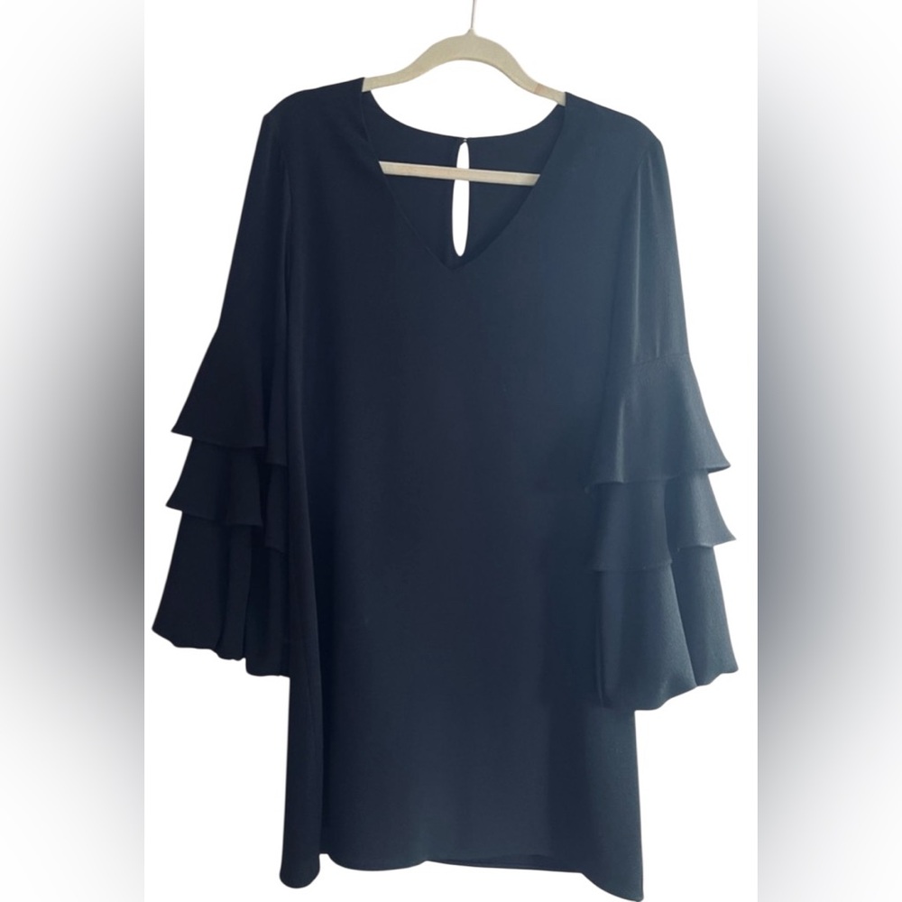Woman’s Black Dress Size M Ruffled Bell Sleeve Timeless LBD Cocktails Classic